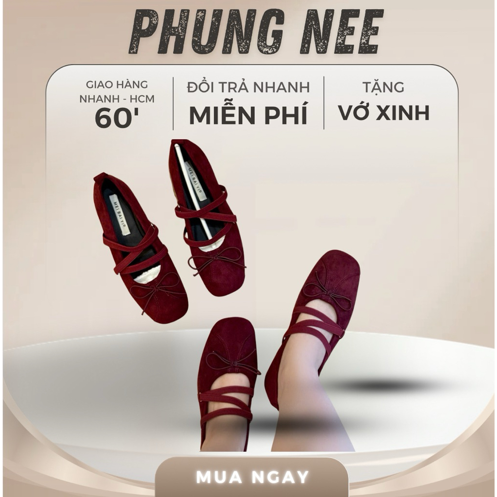 Giày Búp Bê Nữ Quai Chéo Nơ Mũi Tròn, Giày Đế Bệt Nữ Màu Đen Đỏ Thanh Lịch