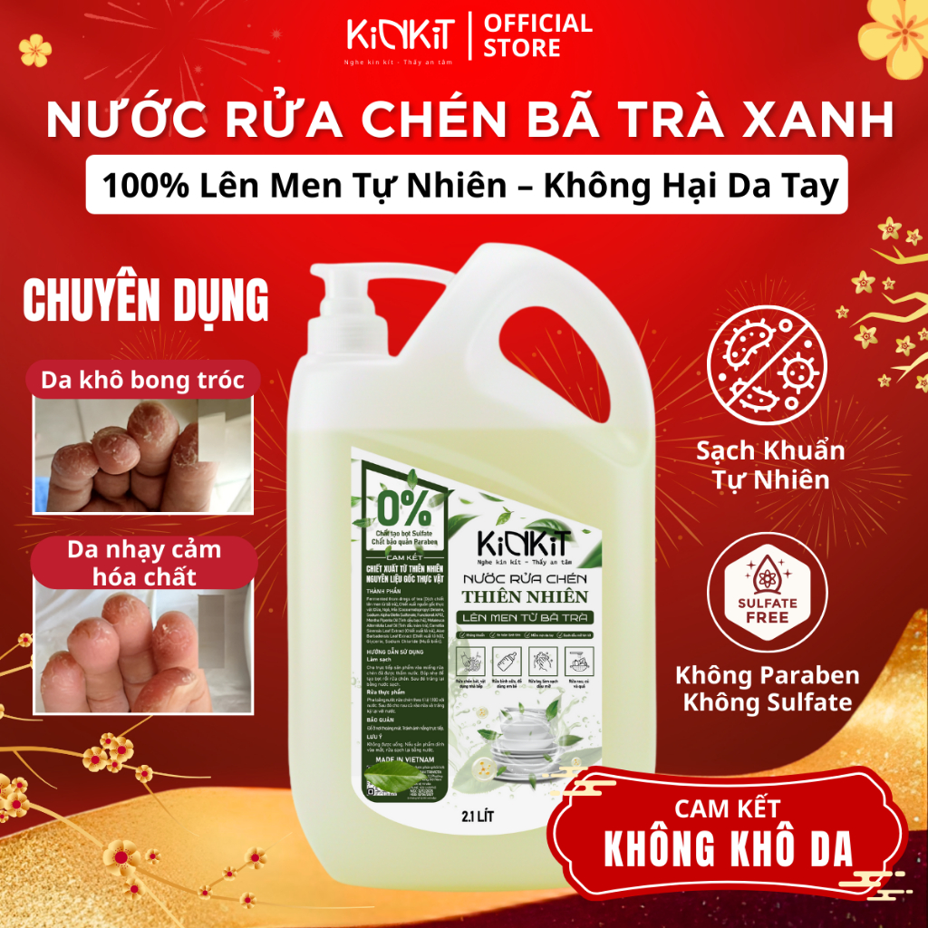 Nước Rửa Chén Hữu Cơ Không Paraben KinKit Can 2.1L Trà Xanh Lên Men Mềm Dịu Da Tay, An Toàn Cho Bé
