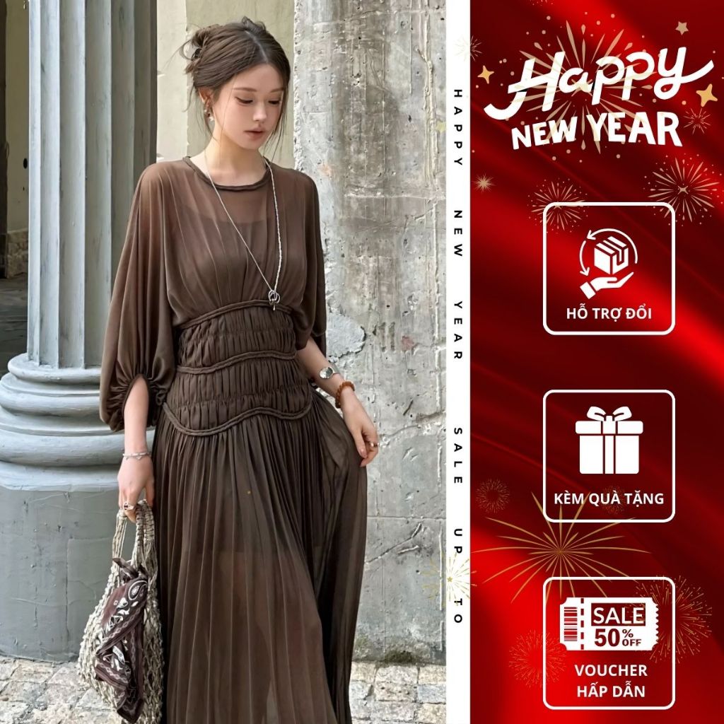 Đầm maxi tơ cổ tròn dáng dài Emili Lux đầm tơ nhún eo tay bồng phong cách kiểu nữ đi ch [V488]