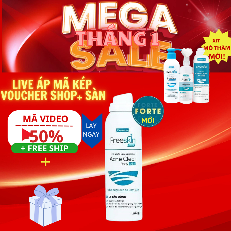 Combo Xịt Mụn Lưng Freeskin, Gel Tắm Sữa Tắm Mụn Lưng Freeskin XỊt Mờ Thâm và Bọt Rửa Mặt Freeskin- 