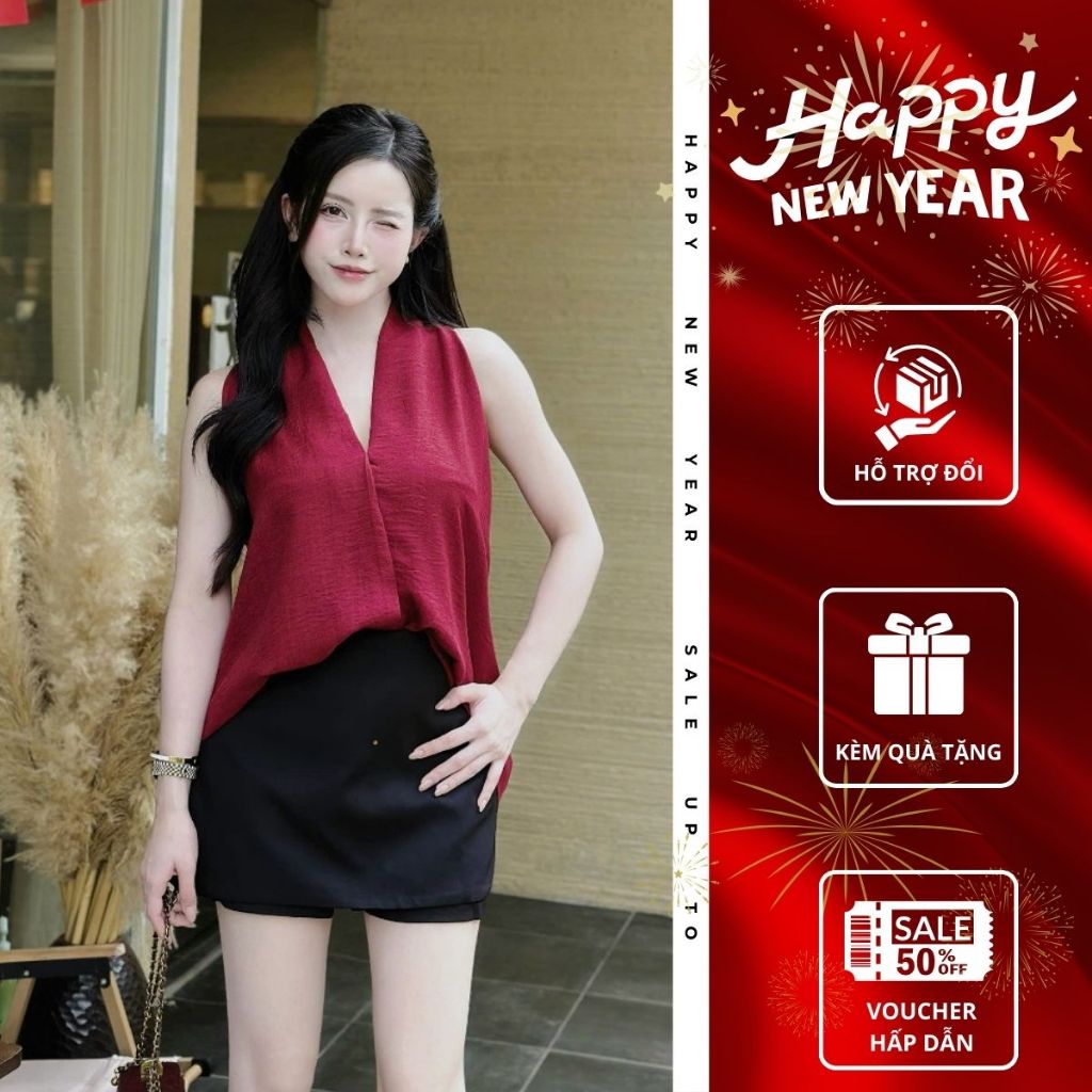 Áo cổ yếm chữ V sát nách sang trọng EMILI LUX đi tiệc, hẹn hò, đi biển kiểu nữ màu đỏ đô [A78]