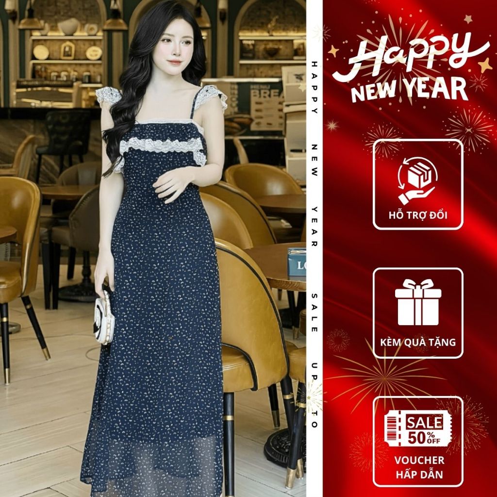 Đầm hai dây phối bèo đi tiệc EMILI LUX đầm hai dây ôm body in hoạ tiết phong cách [V497]