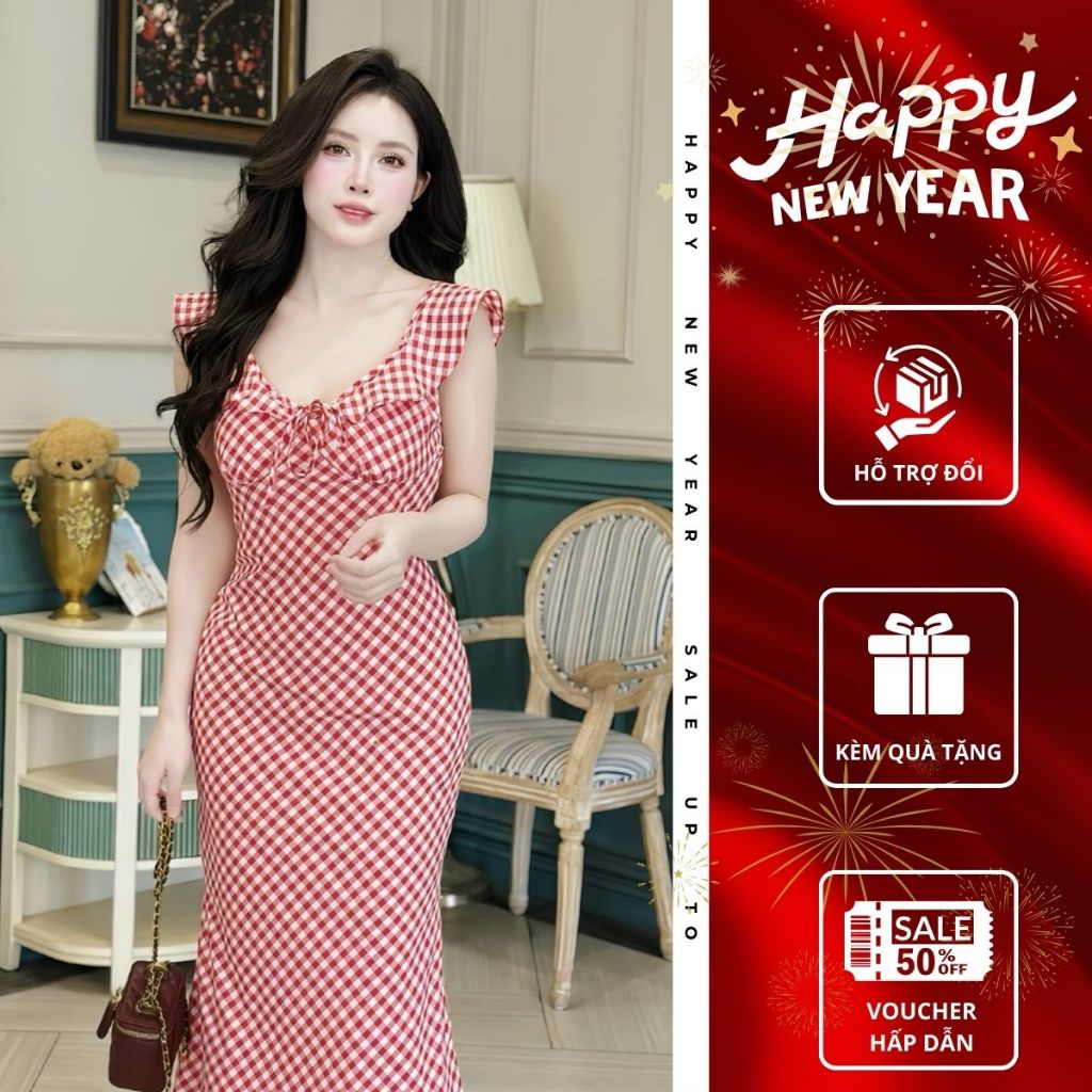 Đầm caro đỏ dáng dài EMILI LUX đầm kẻ caro body lưng trần phong cách kiểu xinh đi biển, đi tiệc [V49
