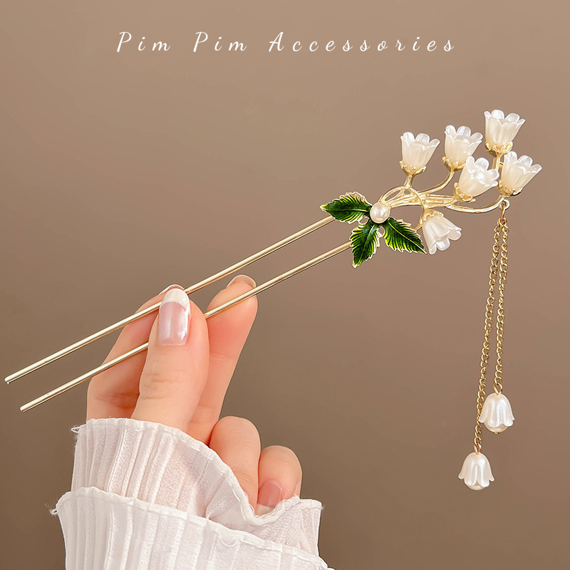 Trâm Cài Tóc Hoa Chuông Trắng Phong Cách Cổ Trang – Trâm Tóc Hán Phục Mạ Vàng Đính Tua Rủ Thanh Lịch