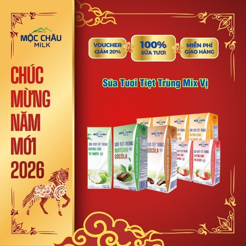 1 Lốc (4 Hộp 180ml) sữa tươi tiệt trùng Mộc Châu  , sữa Mộc Châu các vị Dâu, Socola, Cam, Dừa, Match