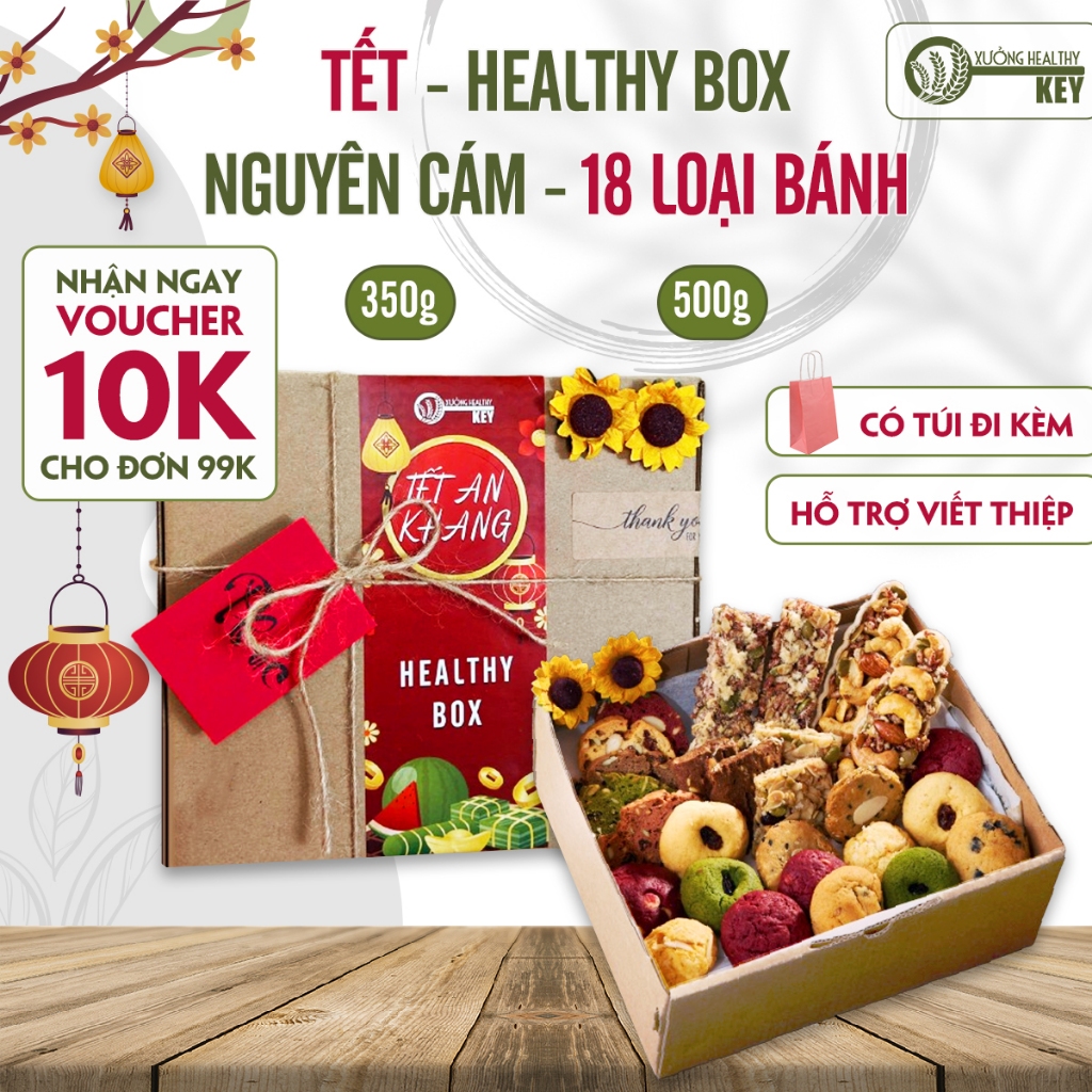 [Quà tặng Biếu tết 2026] Healthy box 18 vị Healthy Key, set combo bánh nguyên cám mix hạt eatclean