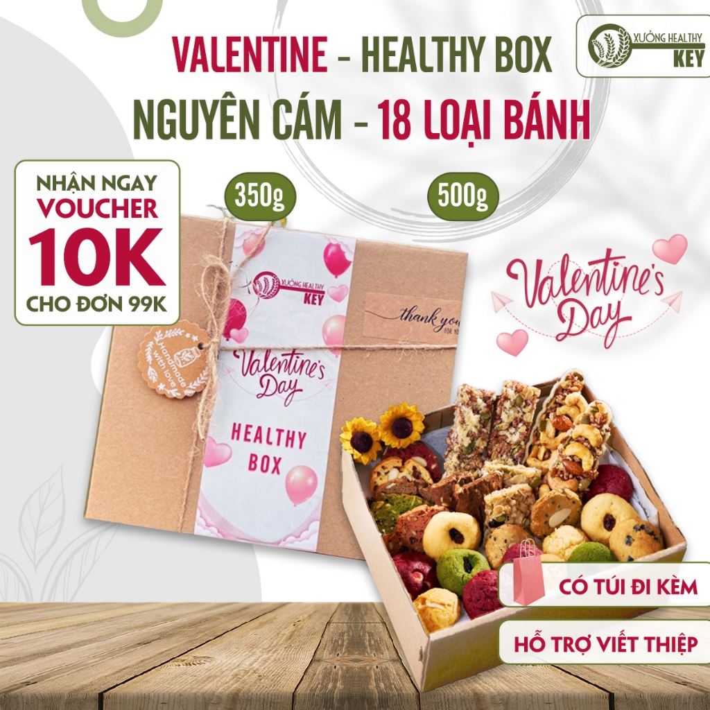 [Quà tặng người yêu] Valentine box 18 vị Healthy Key, set combo bánh nguyên cám mix hạt eatclean