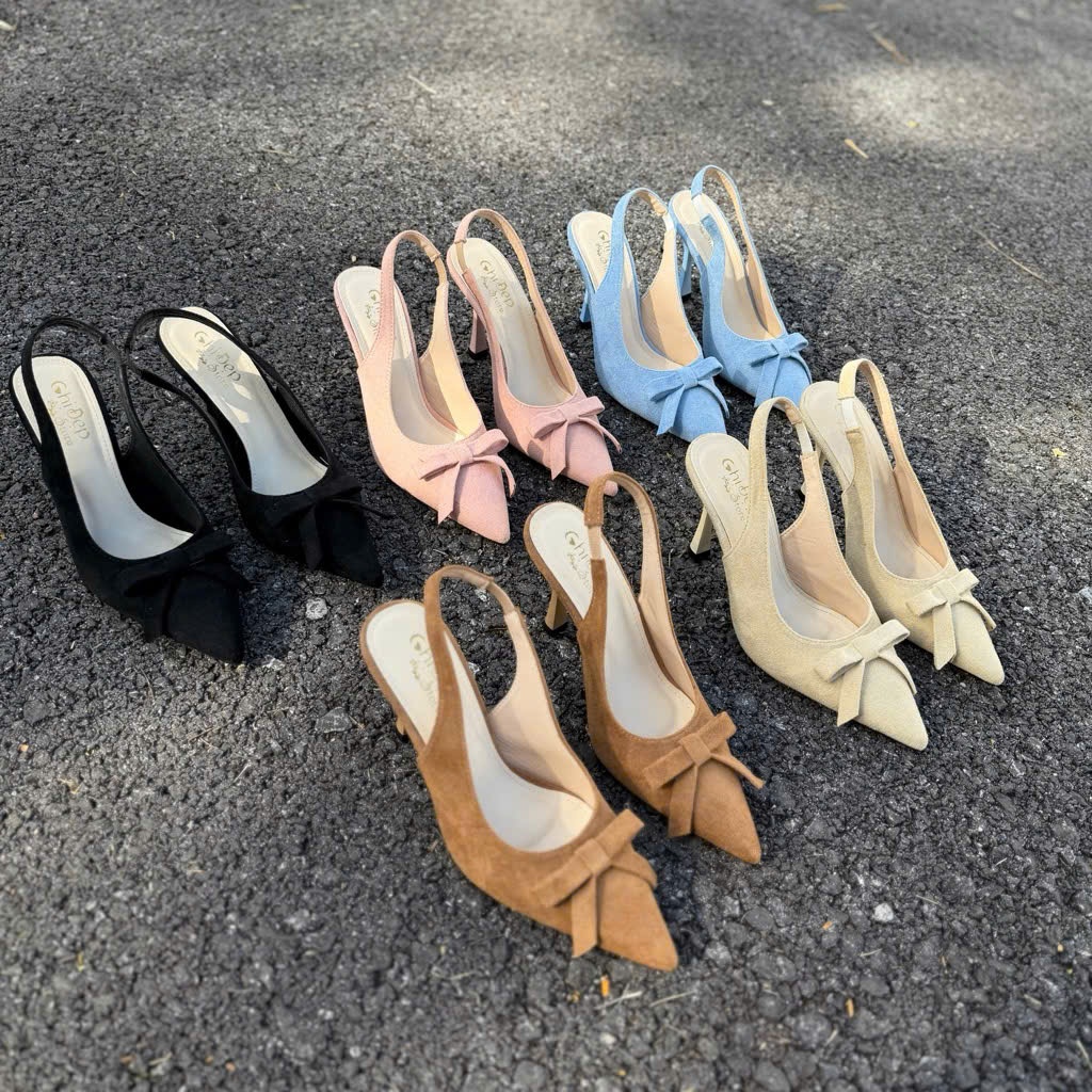Giày cao gót nữ nơ tiểu thư 7 phân, Giày mũi nhọn chât nỉ đính nơ NCSHOES HM99