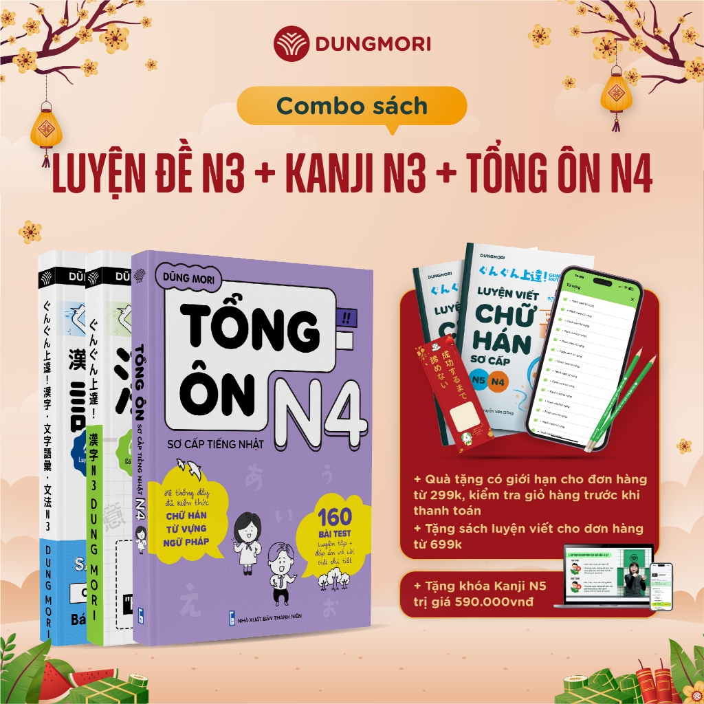Combo 3 cuốn sách luyện thi N3 luyện kanji N3 và tổng ôn N4 tiếng Nhật DungMori