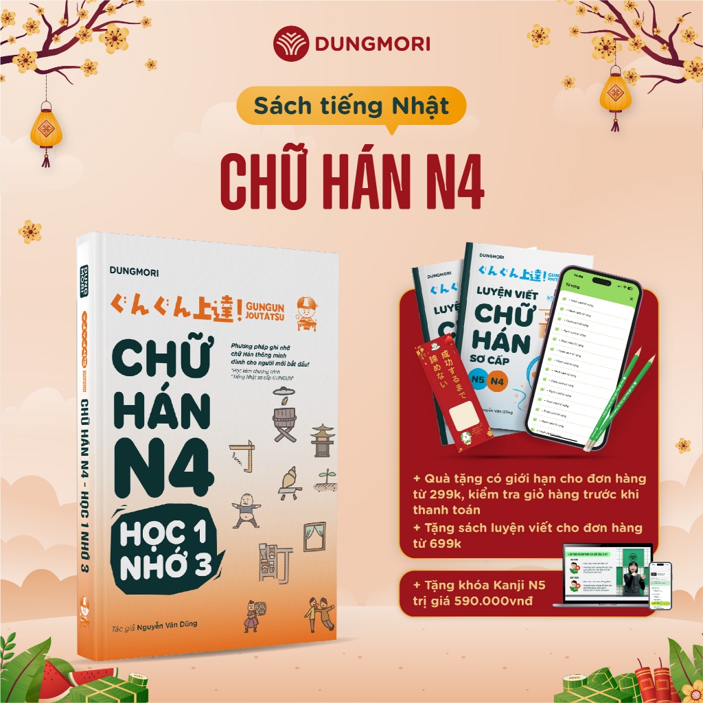 Sách - GUNGUN JOUTATSU KANJI N4 - Sách luyện chữ Hán JLPT N4 Dũng Mori