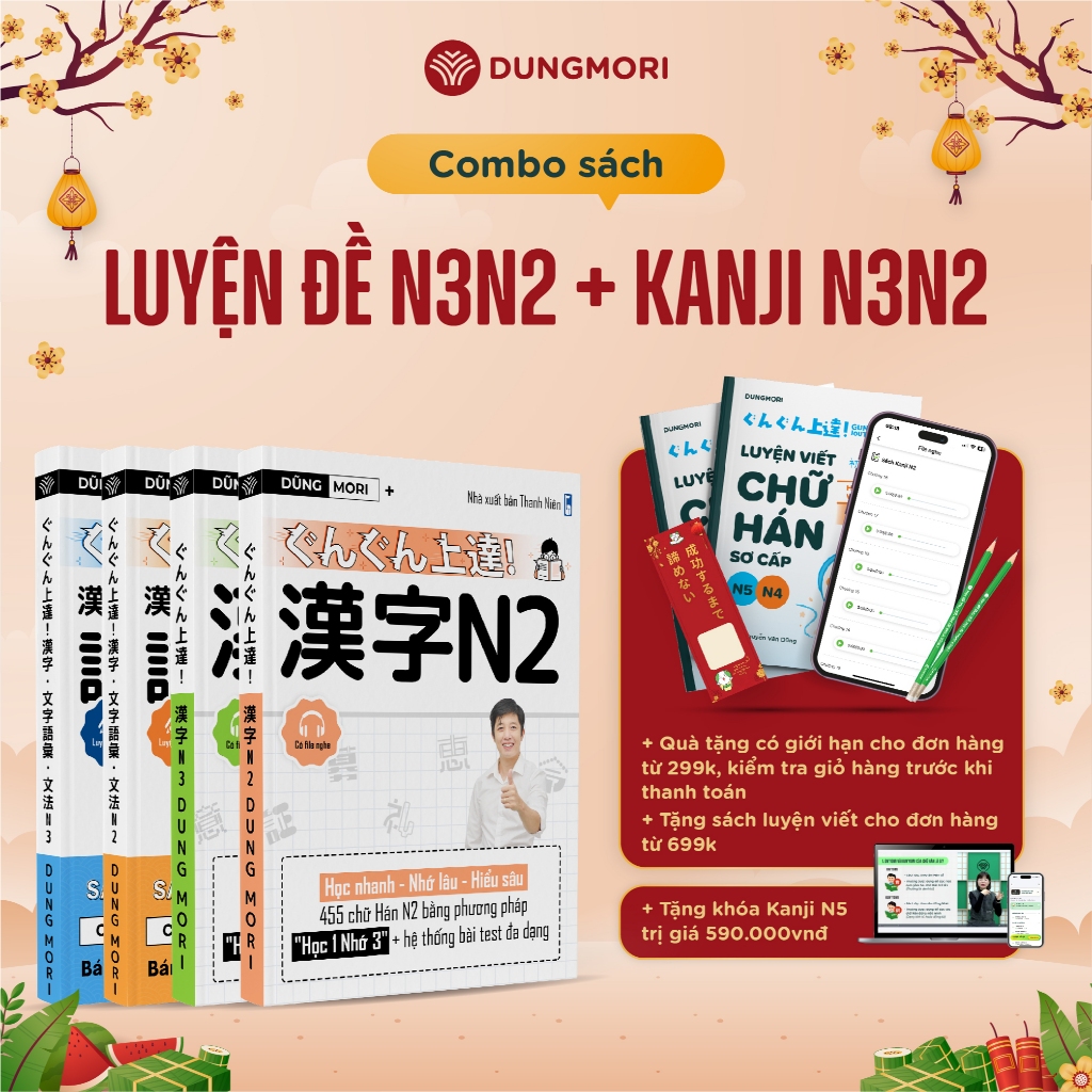 Combo bứt phá 4 cuốn sách Kanji N3, Luyện đề N3, Kanji N2, Luyện đề N2 Dungmori