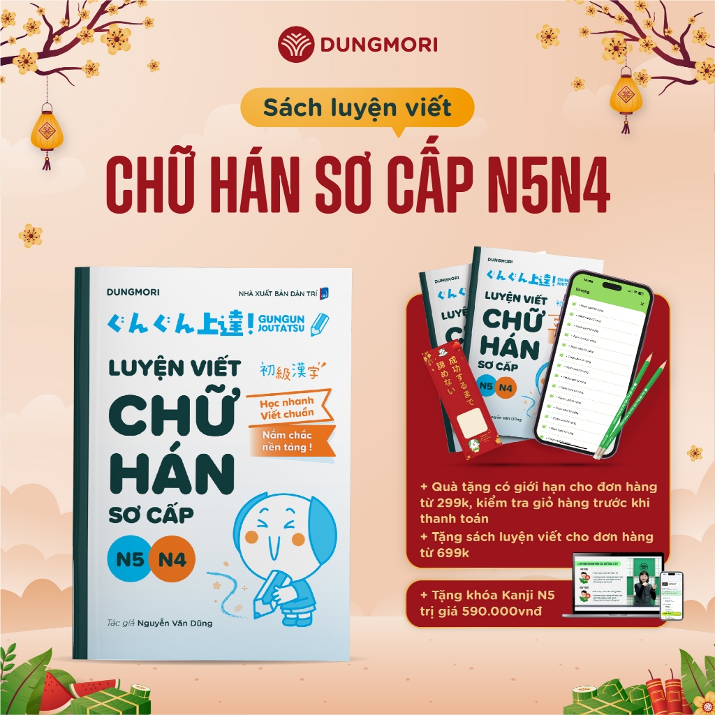Sách tập viết tiếng Nhật sơ cấp - luyện viết chữ Hán sơ cấp JLPT N5, N4 Dũng Mori