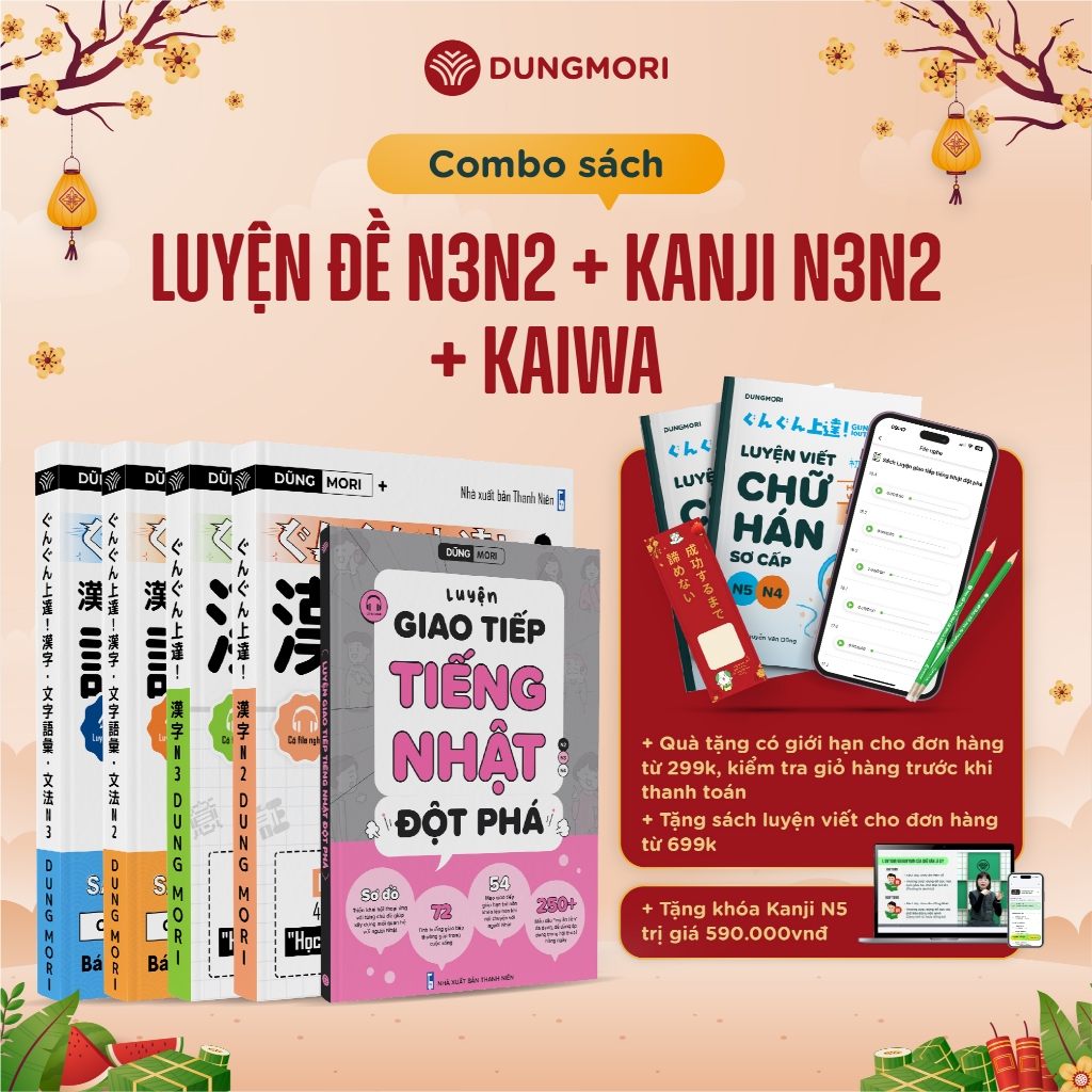 Combo thành thạo tiếng Nhật 5 cuốn sách Kanji N3, Kanji N2, Luyện đề N3, Luyện đề N2, Kaiwa giao tiế
