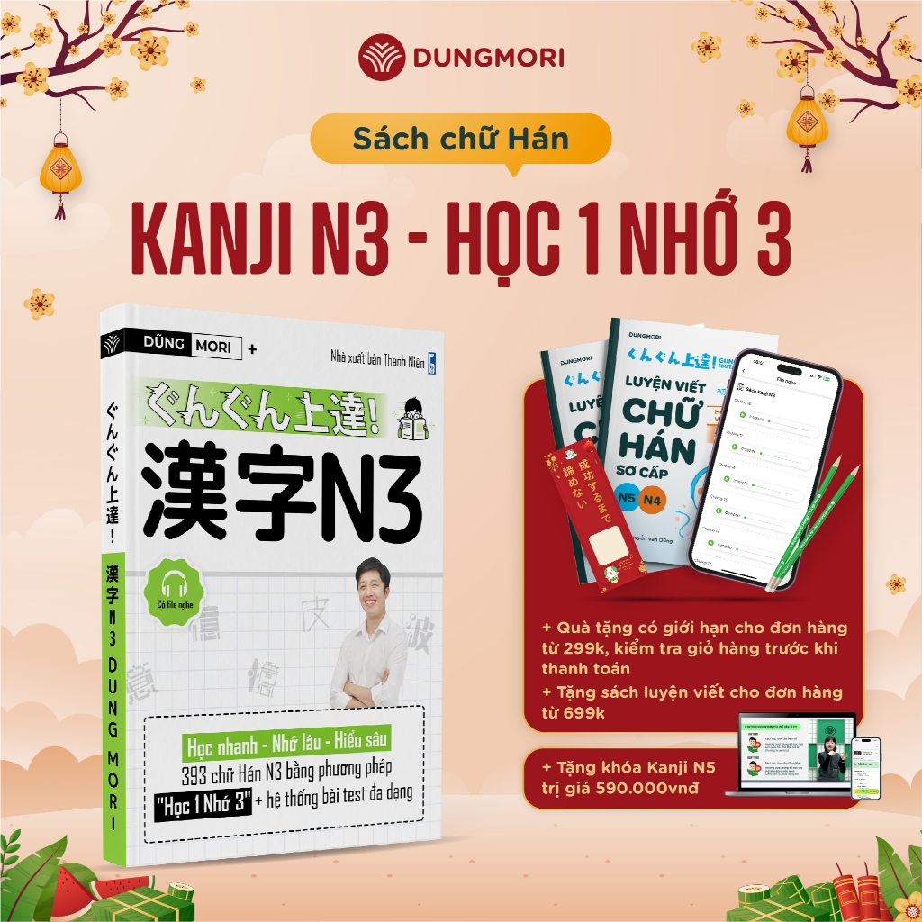 Sách Tiếng Nhật Luyện Kanji N3 - Học 1 Nhớ 3 - Sách Học Từ Vựng Chữ Hán JLPT N3 N2 - Dũng Mori