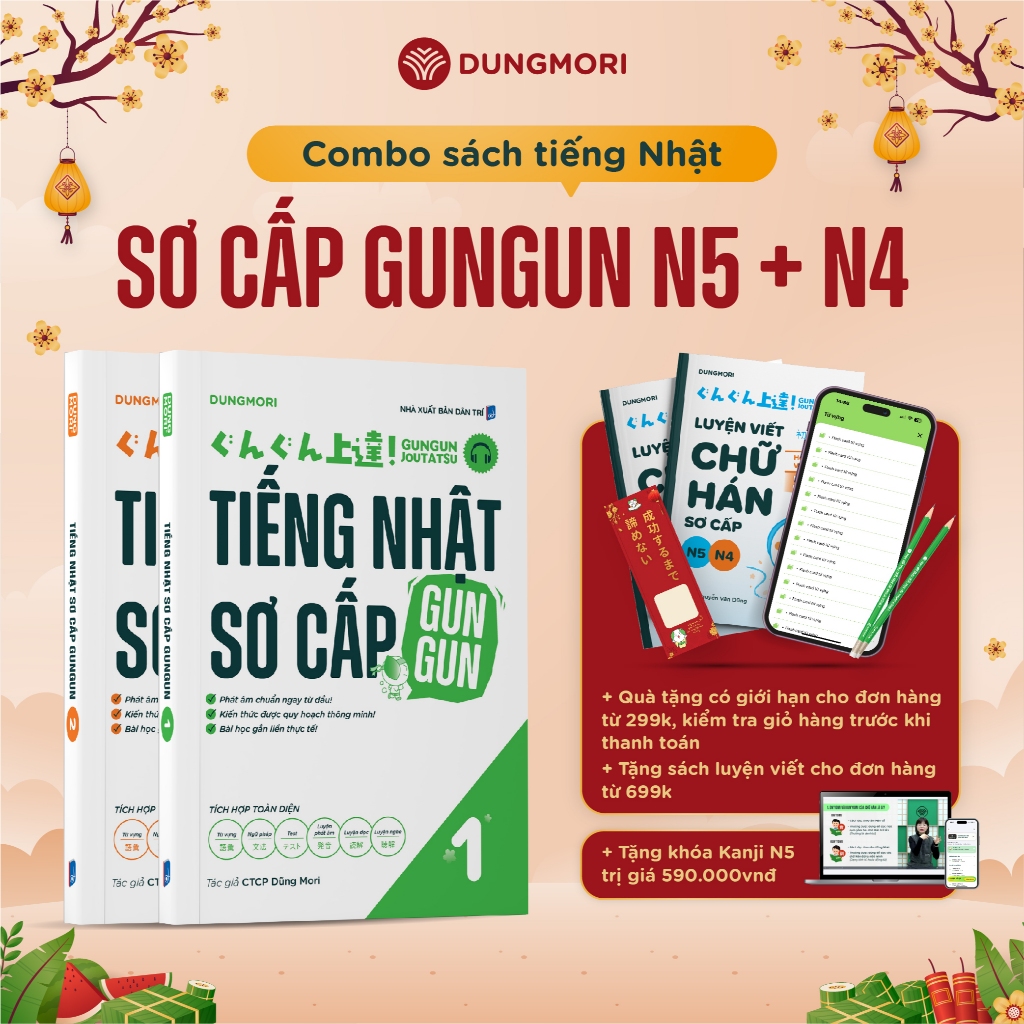 Combo 2 Cuốn Sách Tiếng Nhật Sơ Cấp N5 + N4 Gungun Joutatsu - Tự Học Tiếng Nhật Dũng Mori