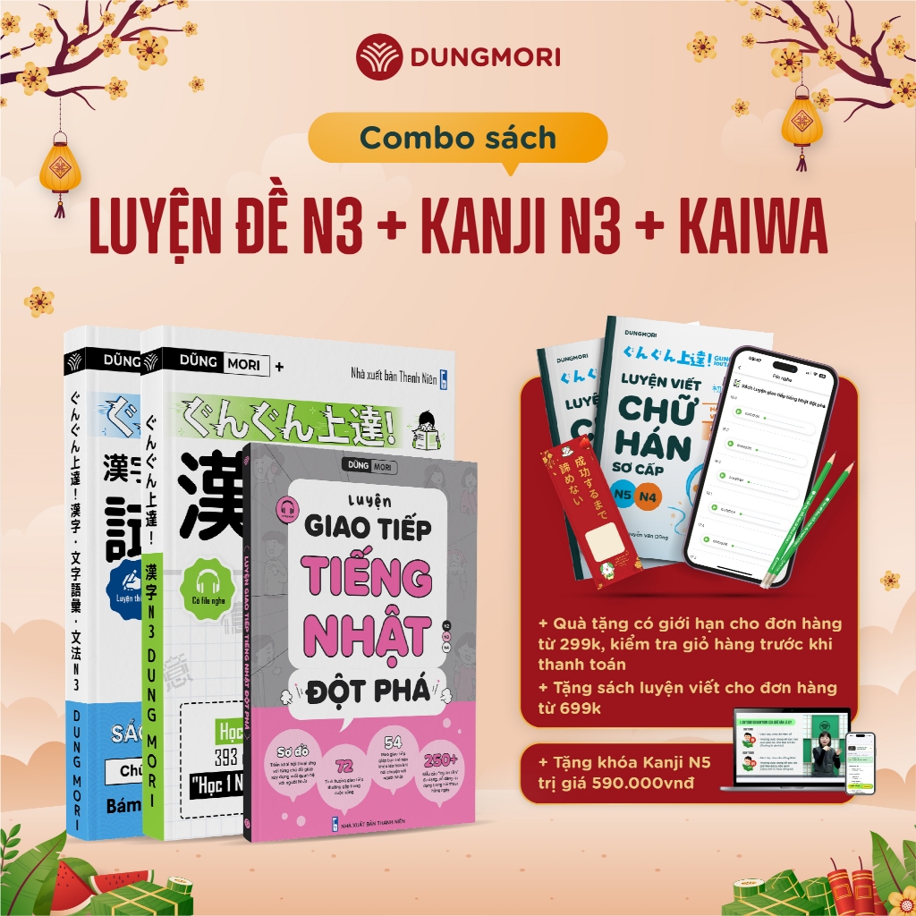 Combo 3 cuốn sách luyện thi JLPT N3, luyện kanji N3 và luyện kaiwa giao tiếp đột phá tiếng Nhật Dung