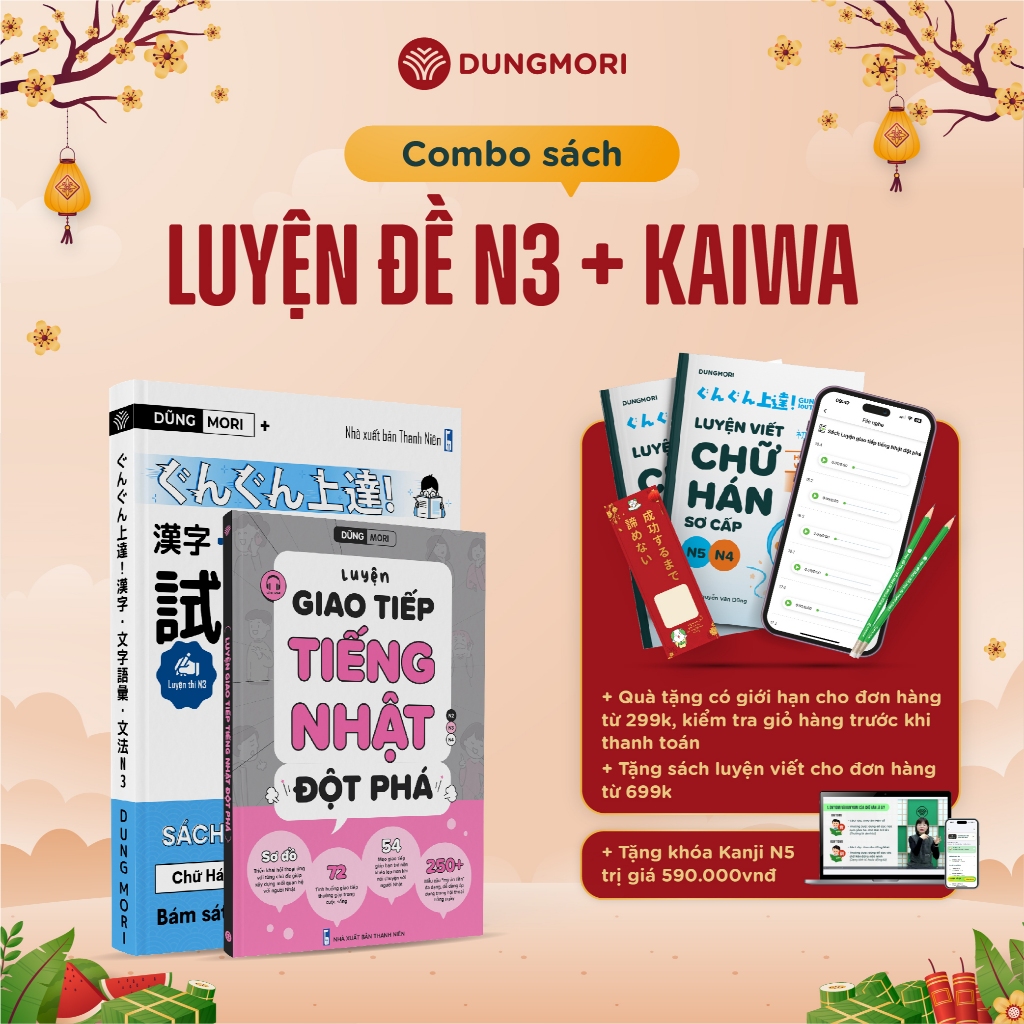 Combo 2 cuốn sách luyện thi JLPT N3 và luyện kaiwa giao tiếp đội phá tiếng Nhật Dungmori