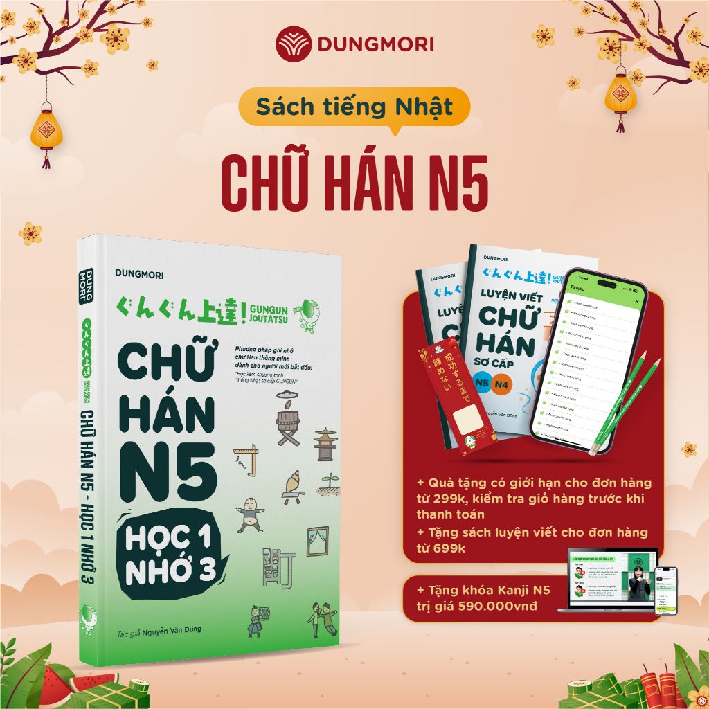Sách - GUNGUN JOUTATSU KANJI N5 - Sách luyện chữ Hán JLPT N5 Dũng Mori