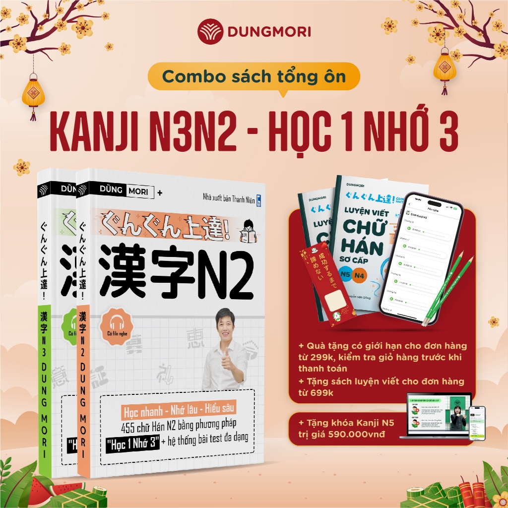 Combo 2 cuốn sách Kanji N3 và Kanji N2 sách học chữ hán tiếng Nhật DungMori