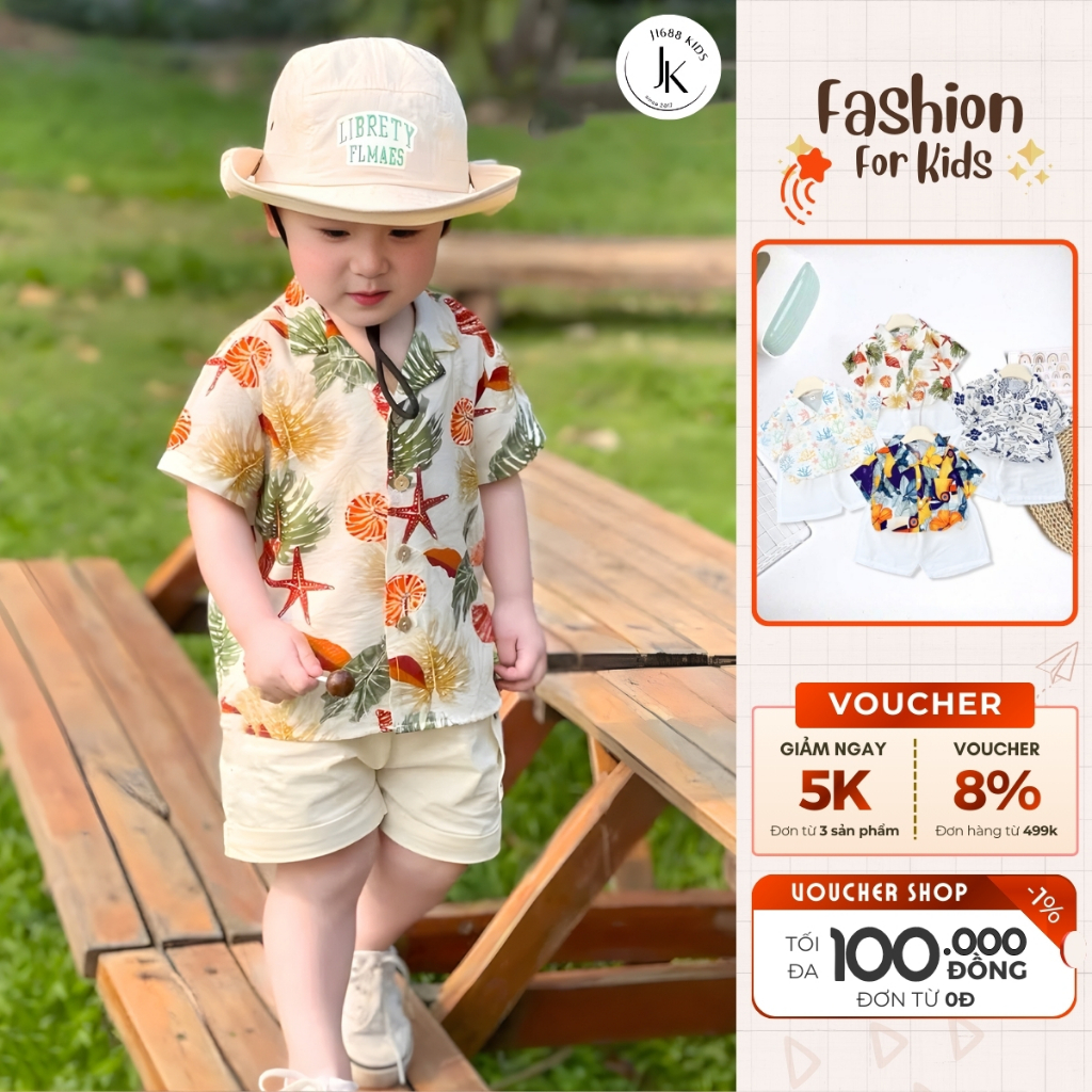 Bộ quần áo sơmi chất đũi cho bé 10-40kg (Tặng Kính) J1688 KIDS, set đồ đi biển họa tiết - M0035