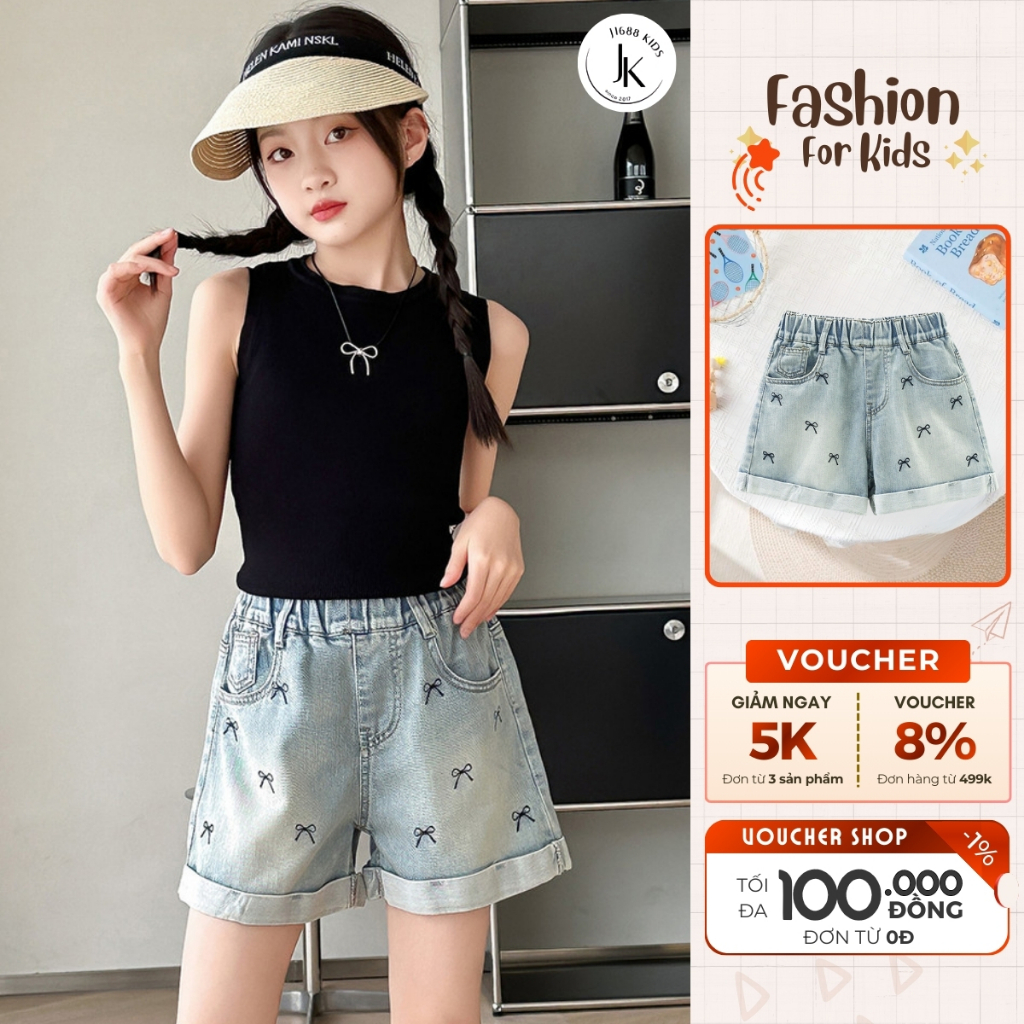 Quần short jean bé gái 16-38kg thêu nơ dễ thương J1688 KIDS, quần đùi trẻ em vải jean mềm - M0030