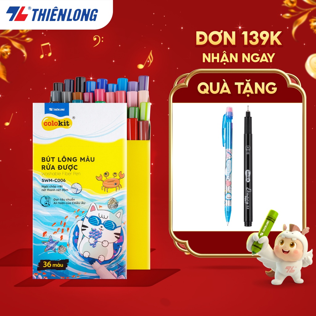 Bút lông màu Fiber Pen 36 màu Thiên Long Colokit rửa được tiêu chuẩn Châu Âu an toàn sử dụng tô màu,