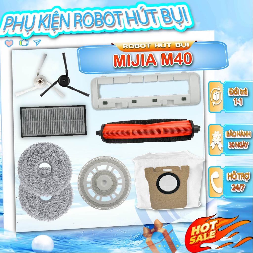 Phụ kiện robot hút bụi Mijia M40 , Phụ kiện robot lau nhà Mijia M40 chất lượng cao - Túi rác, chổi, 