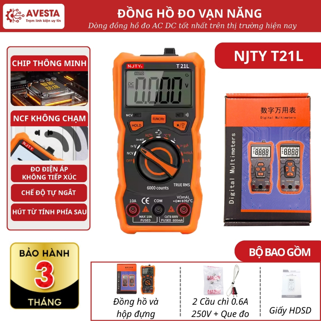 Đồng hồ đo điện NJTY T21L đo dòng điện AC DC, đo cuộn cảm, NCV không chạm siêu bền Avesta