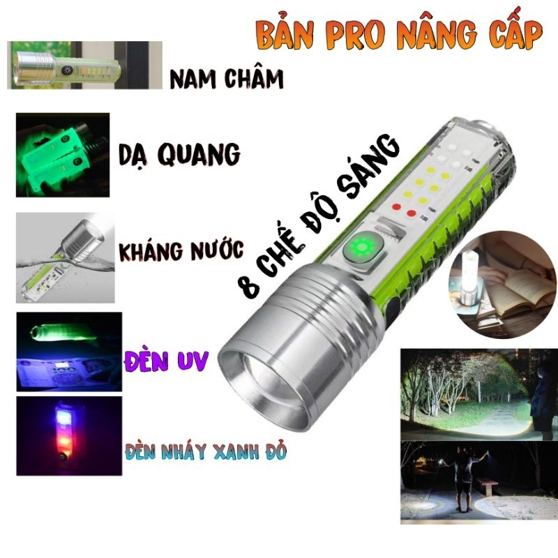 Đèn Pin 520A Pro Siêu Sáng, Chiếu Gần Zoom Xa, Có Nam Châm, 8 Chế Độ Sáng, Kháng Nước, Pin Sạc