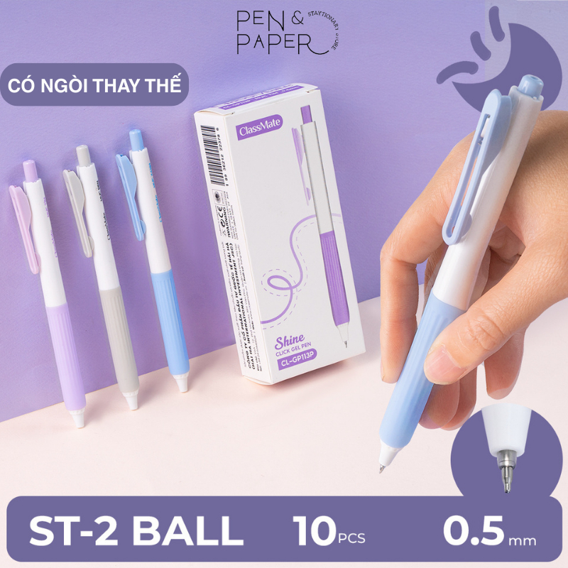 Hộp 10 Bút Gel Bấm Classmate Bút Gel Shine Ngòi 0.5mm ST2 Bi Viết Siêu Trơn Xanh Đen Tím Ghi Chép Vi