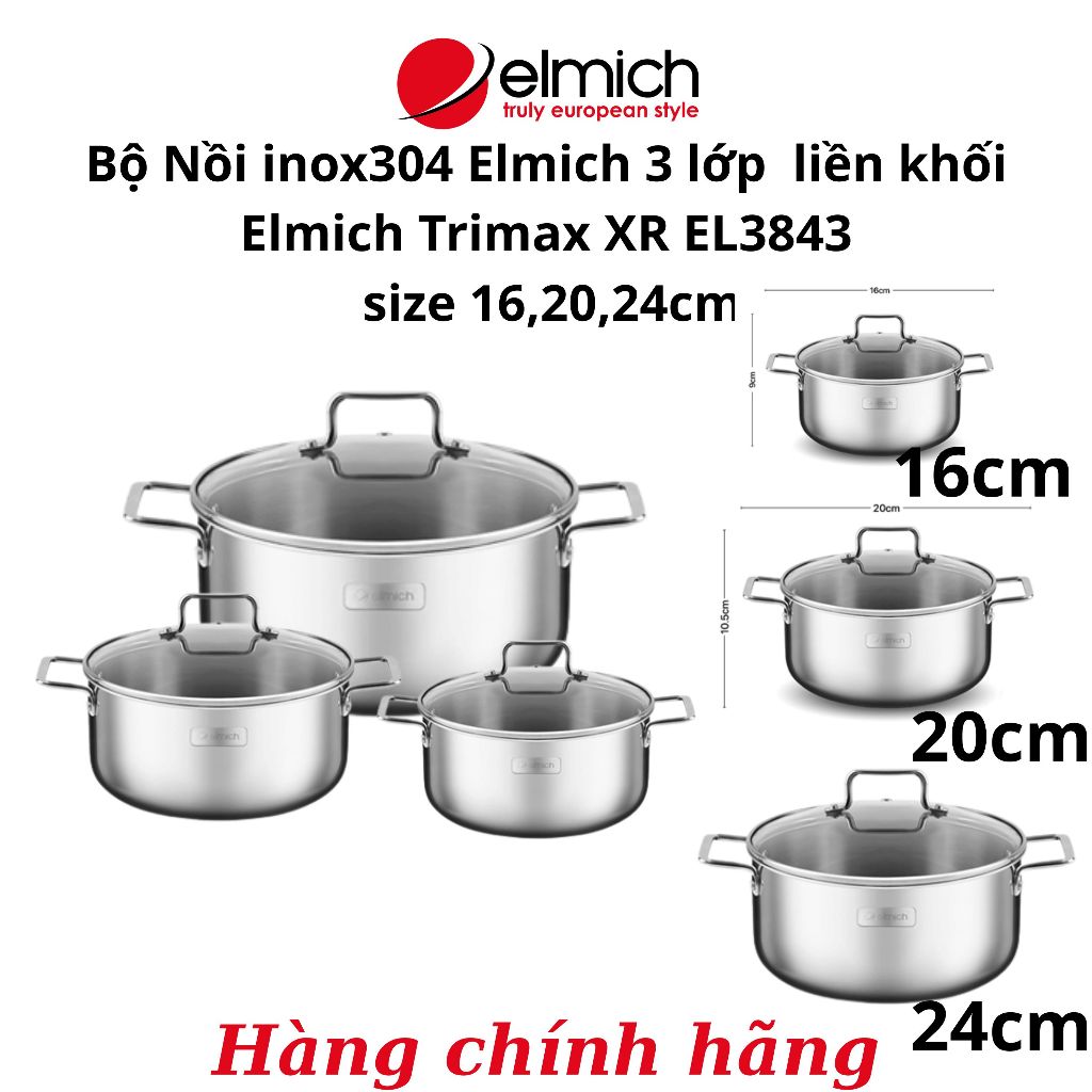 Bộ nồi inox304 Elmich Trimax EL3843 Nồi 3 lớp liền khối size nồi từ 16,18,24cm