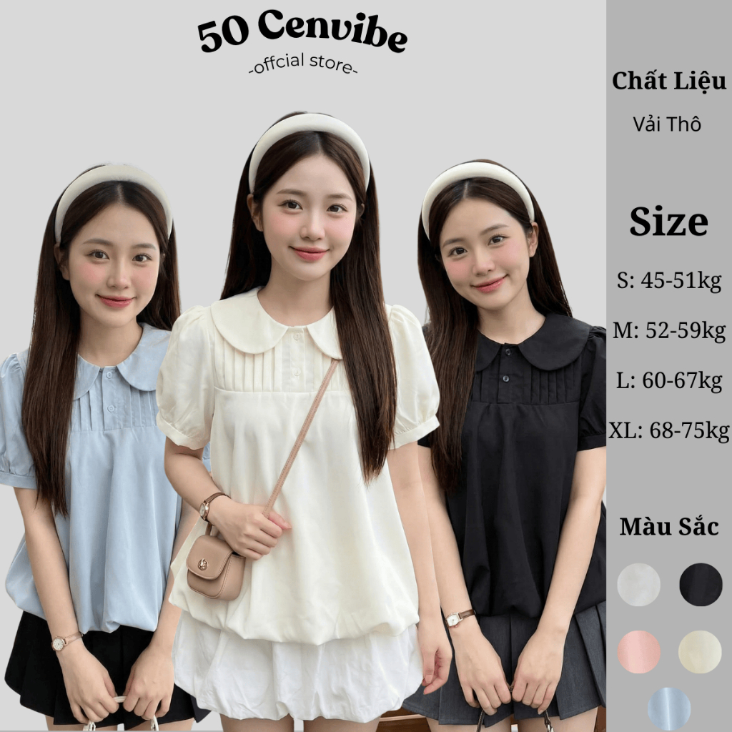 Áo Babydoll Nữ Cổ Sen Tay Phồng, Áo Kiểu Nữ Form Rộng Dễ Thương Có Bigsize 45-75kg (50 Cenvibe Cloth