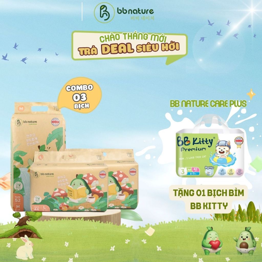 [BB CARE PLUS] [TẶNG 1 BỊCH BỈM BB KITTY] COMBO 03 Bịch Tã Bỉm BB Nature Care Plus