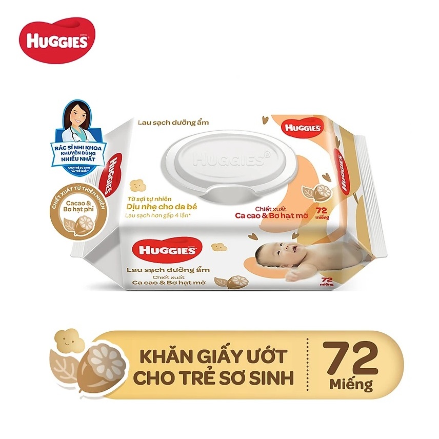 Khăn ướt không mùi Huggies chiết xuất ca cao và bơ hạt mỡ hương dịu nhẹ gói 72 miếng