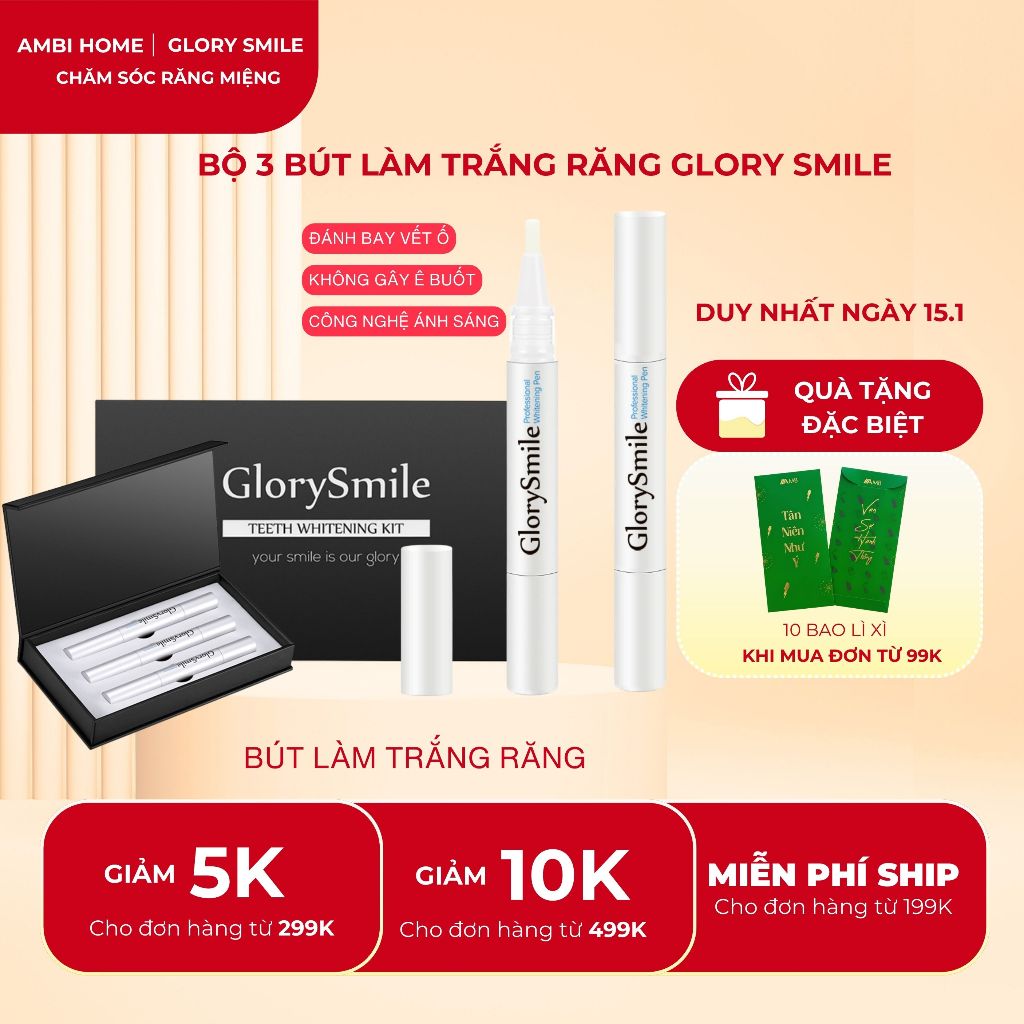 Bộ 3 bút làm trắng răng GLORY SMILE tẩy vết ố vàng không gây ê buốt an toàn cho răng miệng, hiệu quả