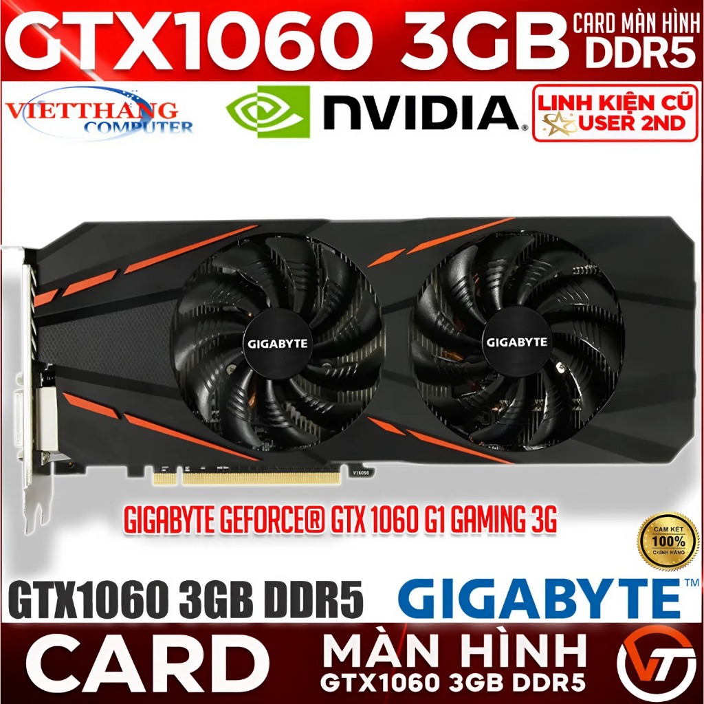 VGA - Card Màn Hình GIGABYTE GeForce® GTX1060 G1 Gaming 3GB Led RGB Back Plate Cũ đẹp ( Cũ - 2nd )