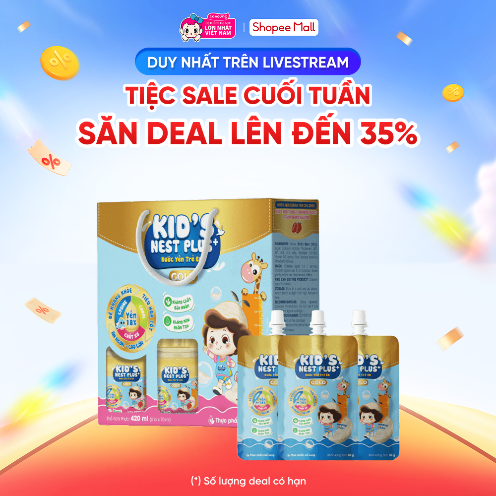 Nước Yến Kids Nest Plus+ Growth Gold Hương Dâu (Lốc 6 tặng 3 túi)