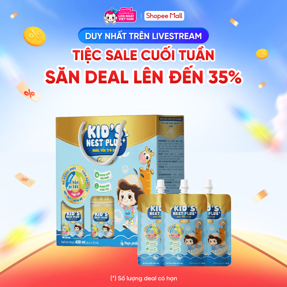 Nước Yến Kids Nest Plus+ Growth Gold Hương Tự nhiên (Lốc 6 tặng 3 túi)