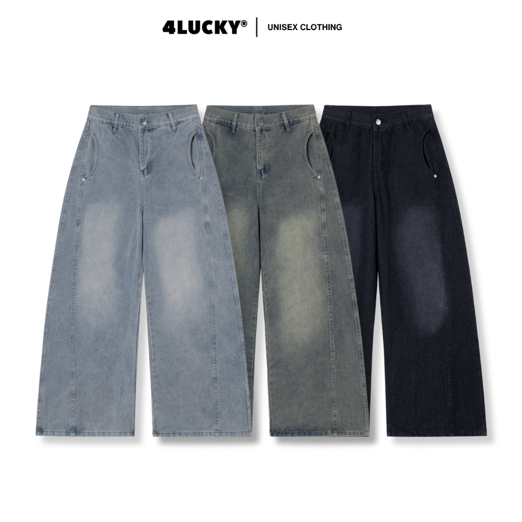 Quần Jean Wash Phối Rã Túi Tròn Unisex 4Lucky 6234, Quần Form Rộng Chất Denim Wash Vintage Nam Nữ