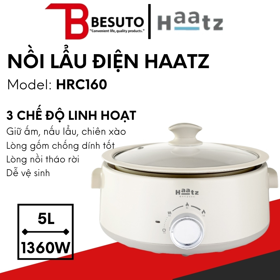 Nồi Lẩu Điện Haatz HEH508 Dung Tích 5L Lòng Gốm Tháo Rời, Nấu lẩu, chiên, xào dành cho gia đình