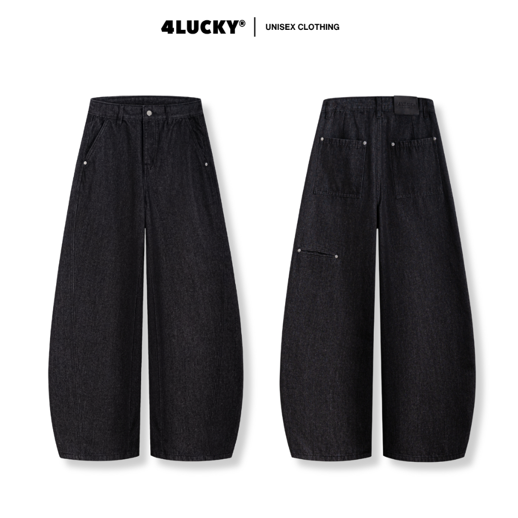 Quần Jean Unisex Phối Rã 4Lucky 6232, Quần Jean Ống Cong Đen Wash Phối Túi Sau Cá Tính Local Brand