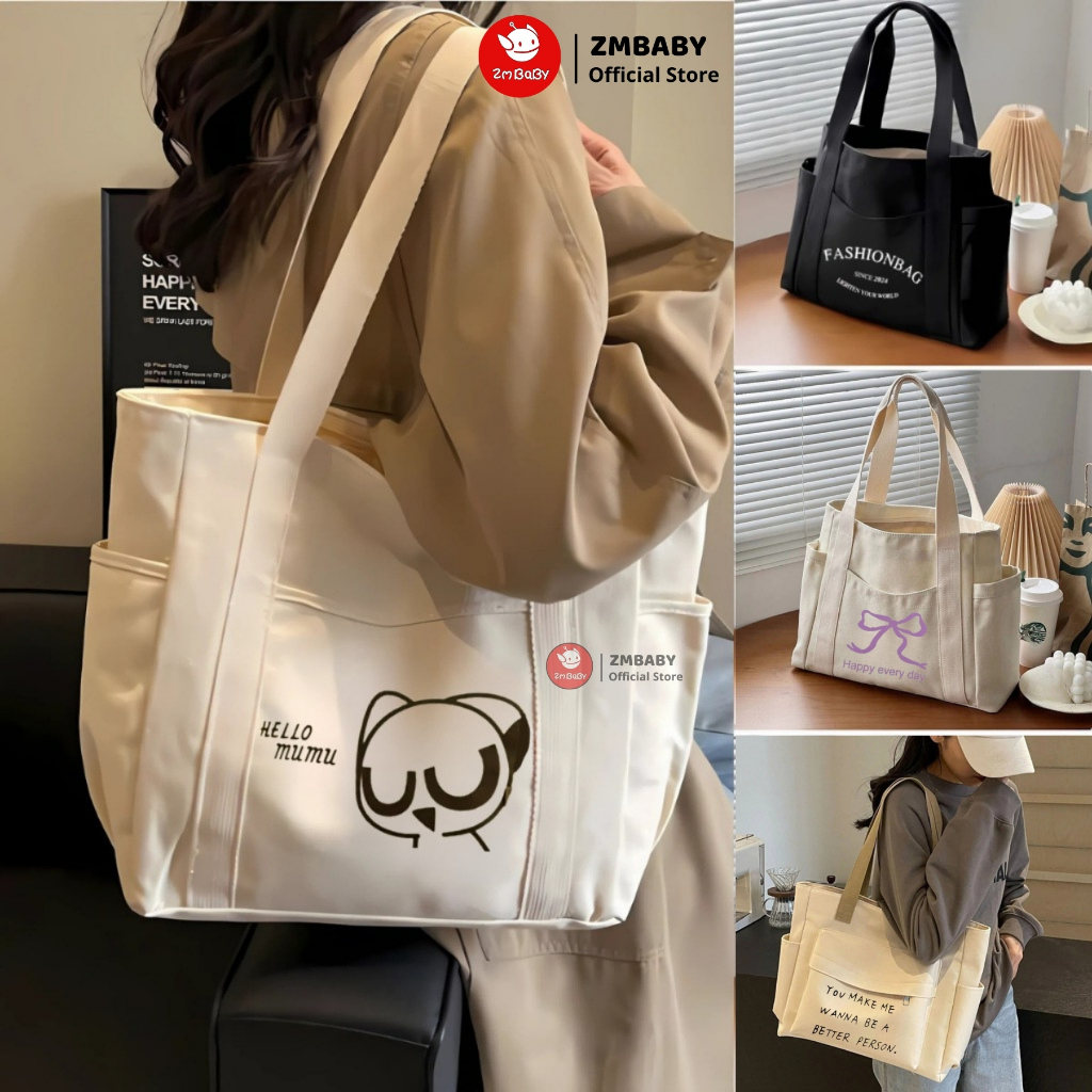 Túi tote vải canvas zmbaby THT-275 họa tiết dễ thương, miệng túi có khóa