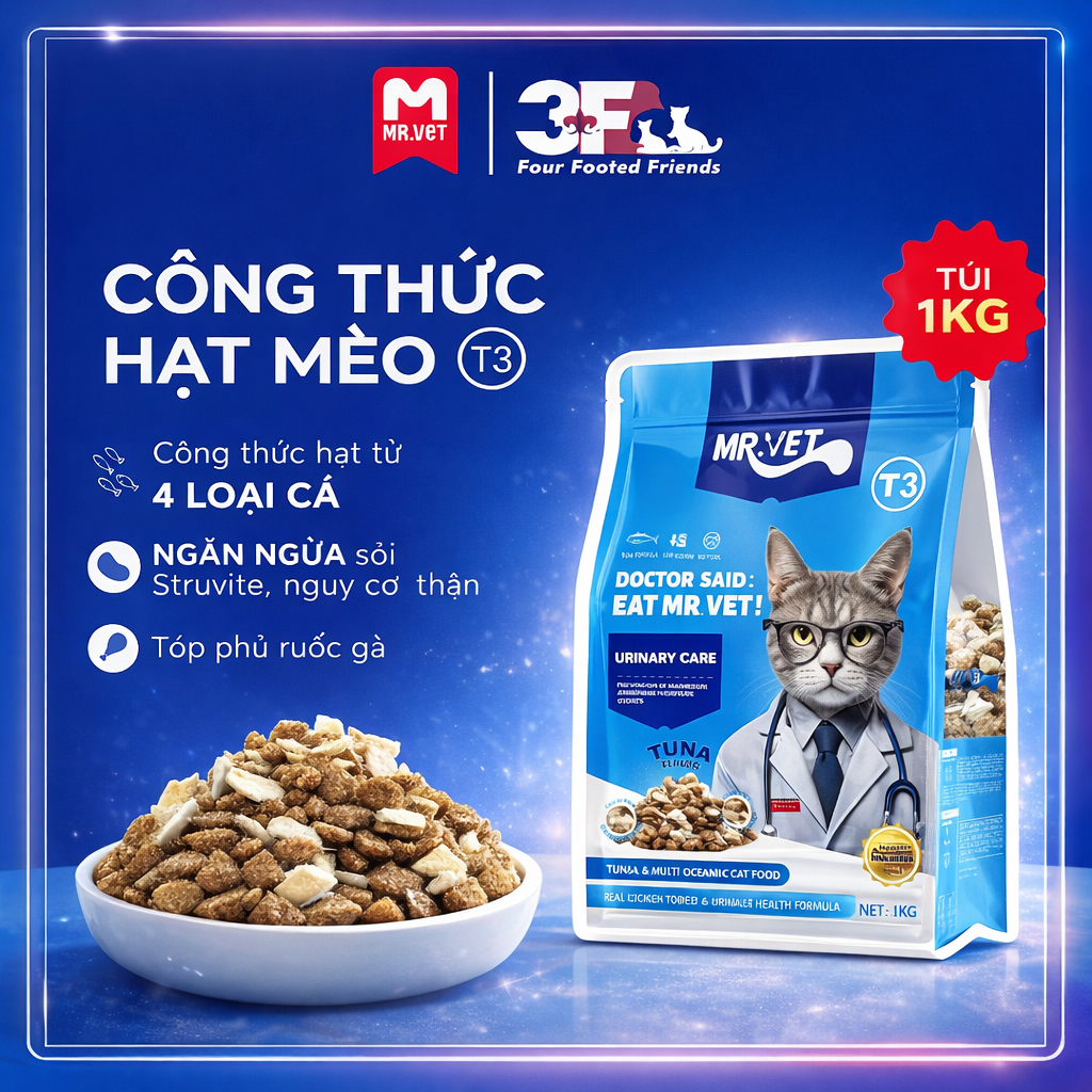 Thức Ăn Hạt MR.VET Holistic T3 1KG Cho Mèo Mọi Lứa Tuổi – Hỗ Trợ Tiết Niệu | 3F Store