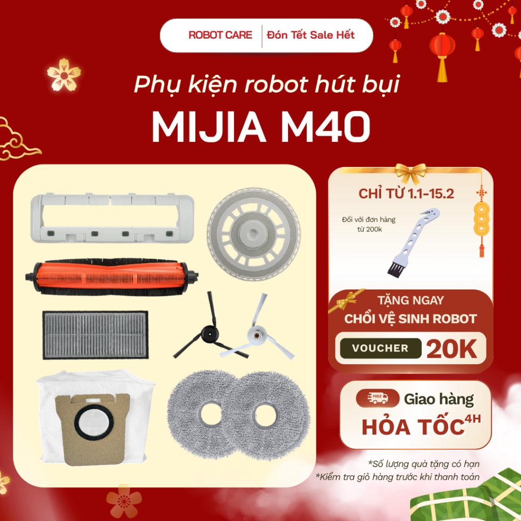 Phụ kiện robot hút bụi Mijia M40 , Phụ kiện robot lau nhà Mijia M40 chất lượng cao - Túi rác, chổi, 