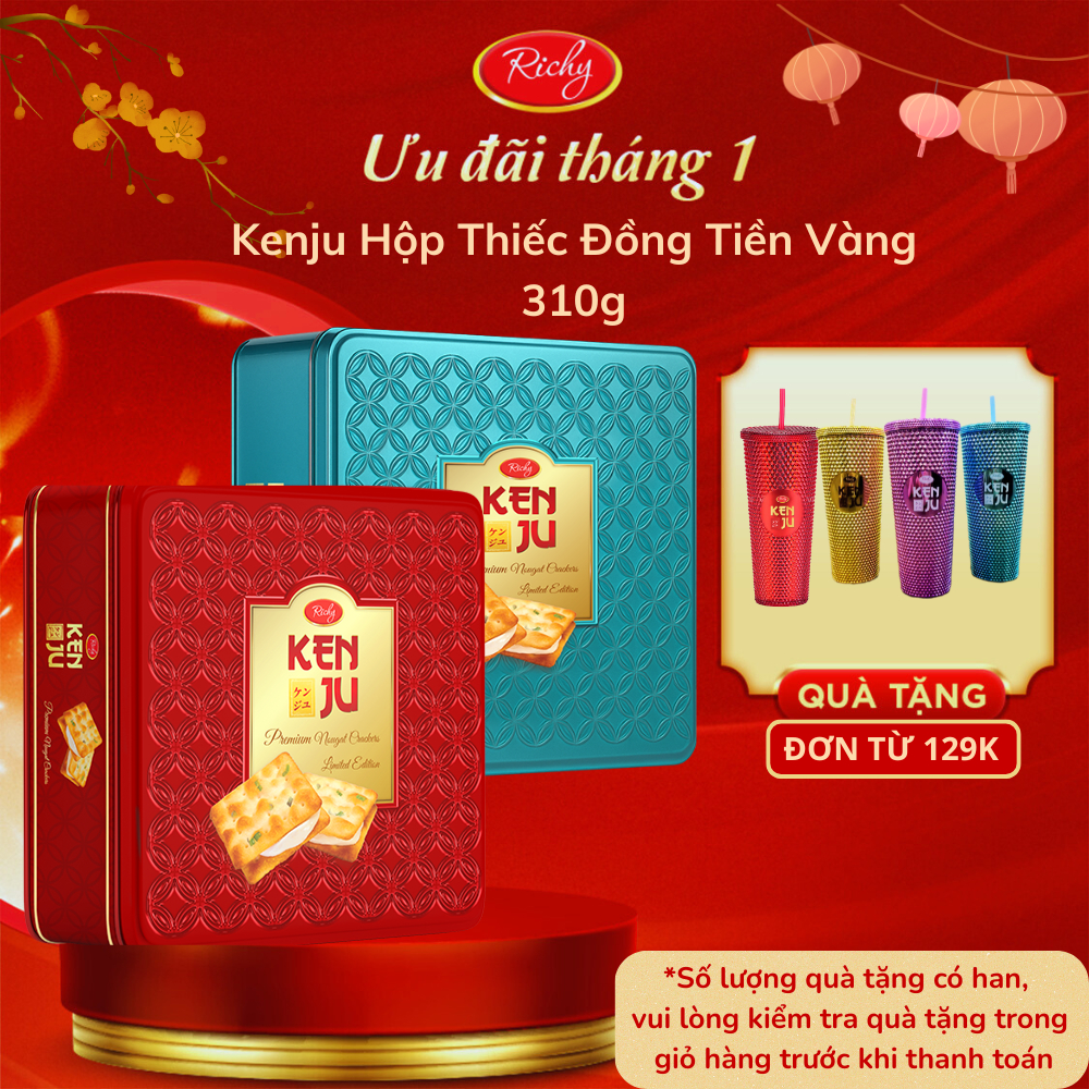 [Tặng Ly Kenju Đơn 129k] [TẾT 2026] Bánh Quy Hành Nhân Kem Dẻo Richy Kenju Đồng Tiền Vàng Hộp Thiếc 
