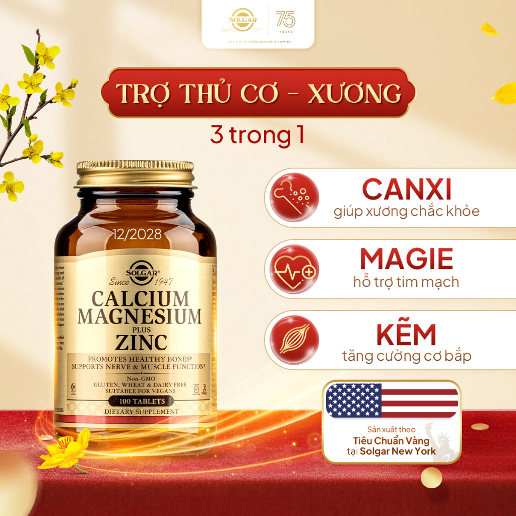 Solgar Calcium Magnesium Plus Zinc -  Hỗ Trợ Phát Triển Xương, Hoạt Động Cơ Bắp[100v]-HSD: 08/2027