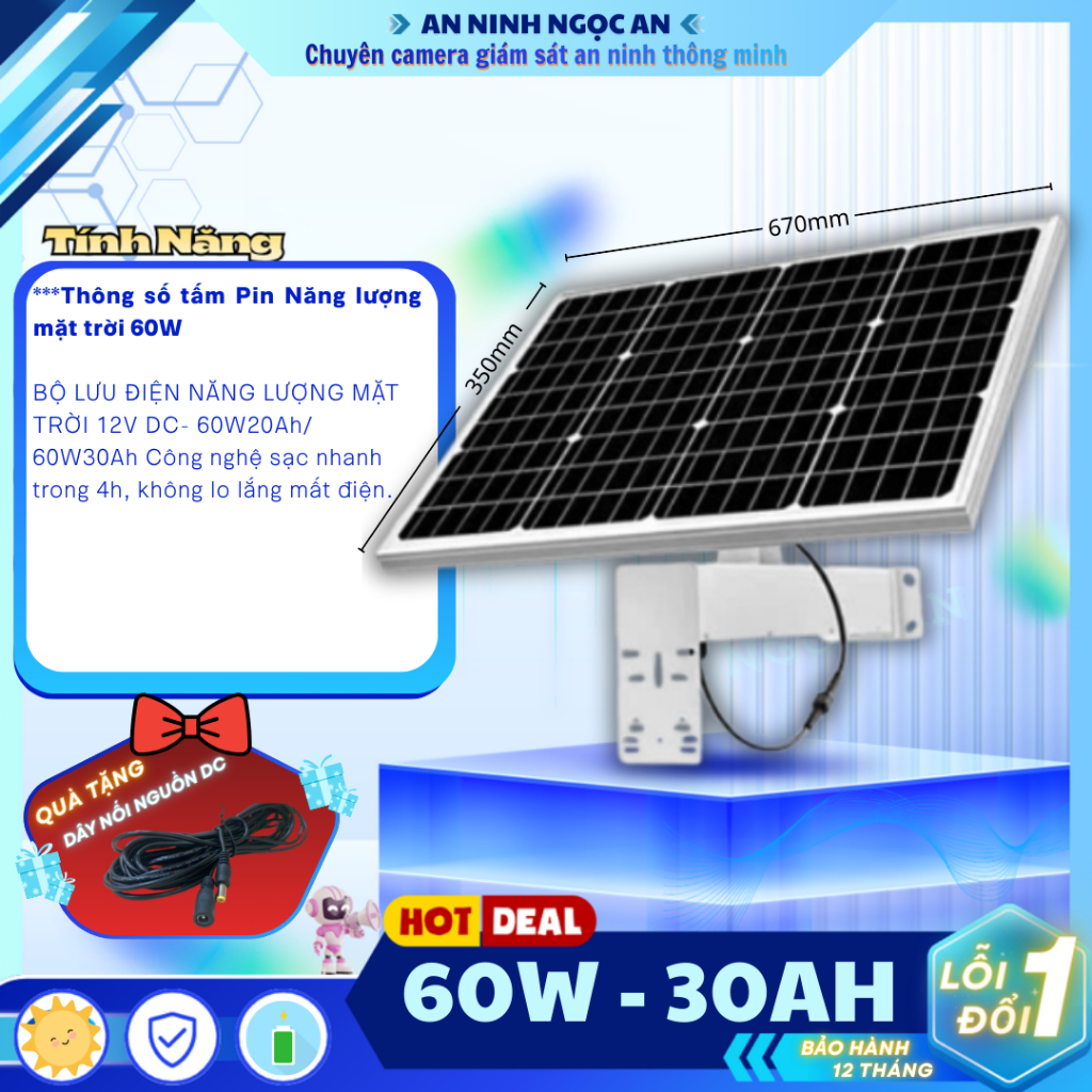 (MUA 1 TẶNG 1) Bộ pin năng lượng mặt trời 12V - 60W-30AH / 60W-20AH - Tặng Dây nối dài nguồn DC (Số 