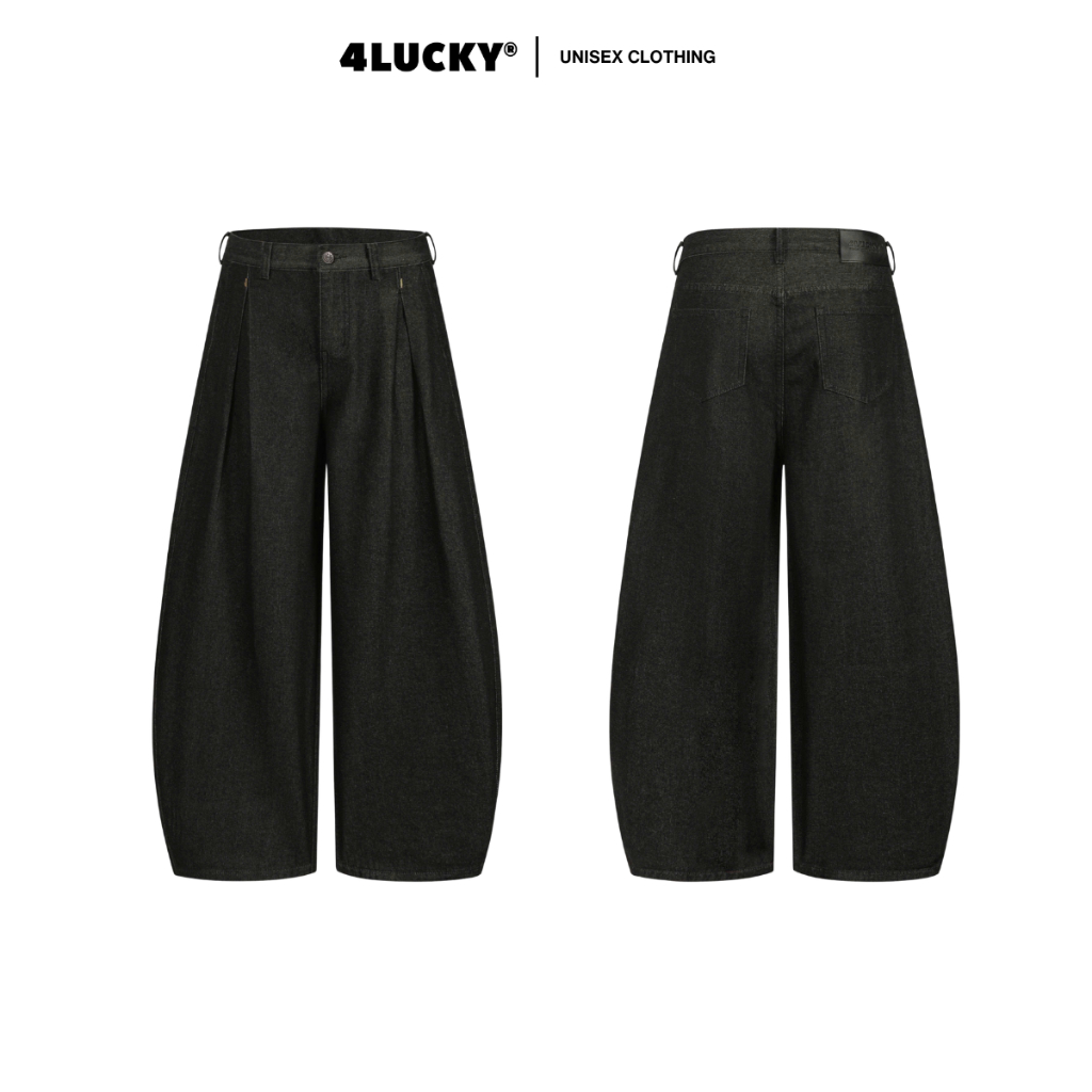 Quần Jean Unisex Chiết Ben Ống Rộng 4Lucky 6223, Quần Jean Ống Cong Màu Đen Siêu Chất Streetstyle