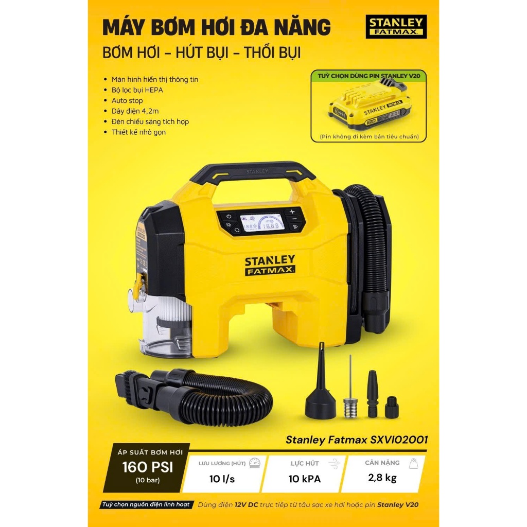 Máy bơm hơi dùng pin Stanley SXVI02001 - 3 trong 1: Bơm, hút và thổi bụi