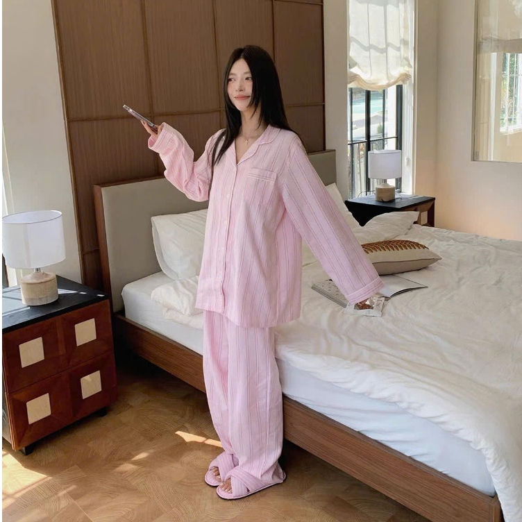MB-SET-020 Bộ đồ ngủ kẻ nét đứt màu pastel viền né trắng Maybee Homedress | BigBuy360 - bigbuy360.vn